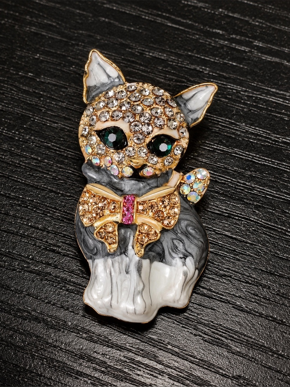 Jeweled Cat Brooch Pin Rhinestone Crystal Kitty Gold Bow Gray White Enamel